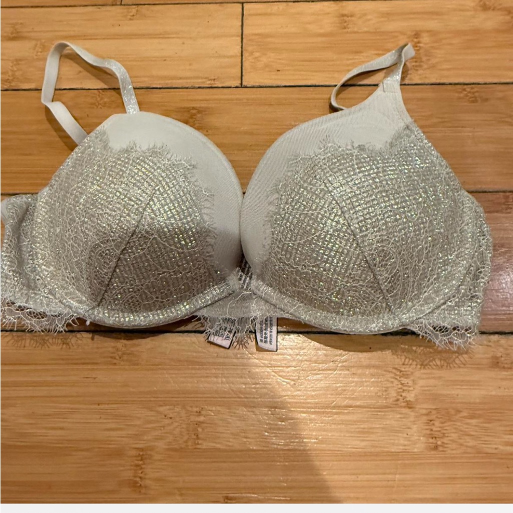 Silver Metallic Lace Cream Tan Victoria's Secret Push Up Bra Sz 32 C